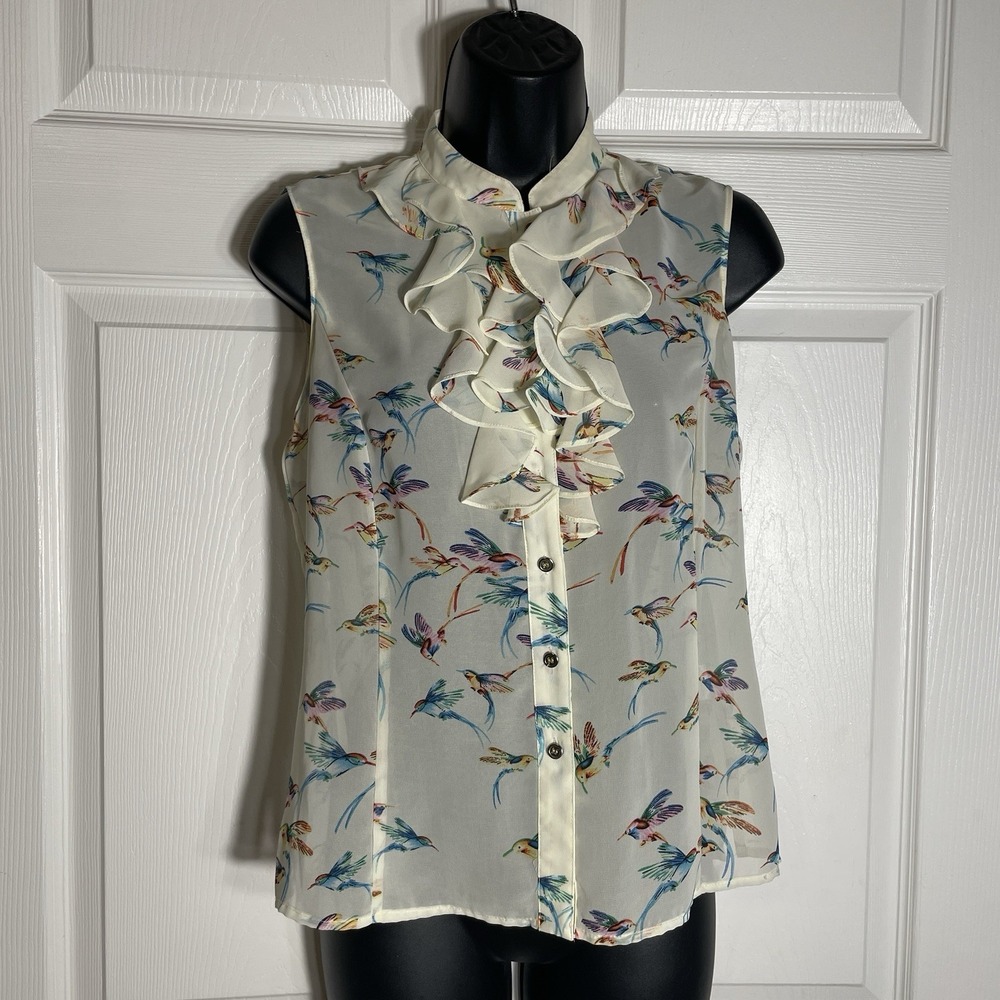 Tahari‎ Shirt Petite XS Beige Birds Ruffle Neckline Sleeveless Button Up Sheer